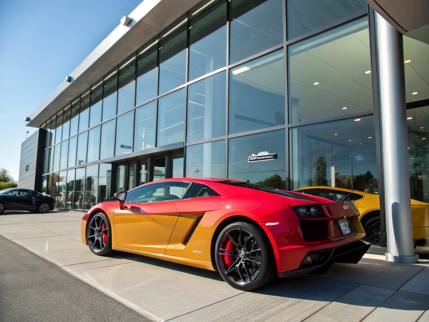 A digital illustration depicting a luxury car being sourced from a high-end dealership, highlighting Atlas Automotive Group's vehicle sourcing service.