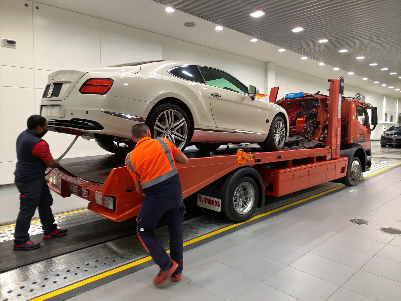 A professional photograph showing a car being carefully loaded onto a transport truck, representing Atlas Automotive Group's final delivery and logistics service.
