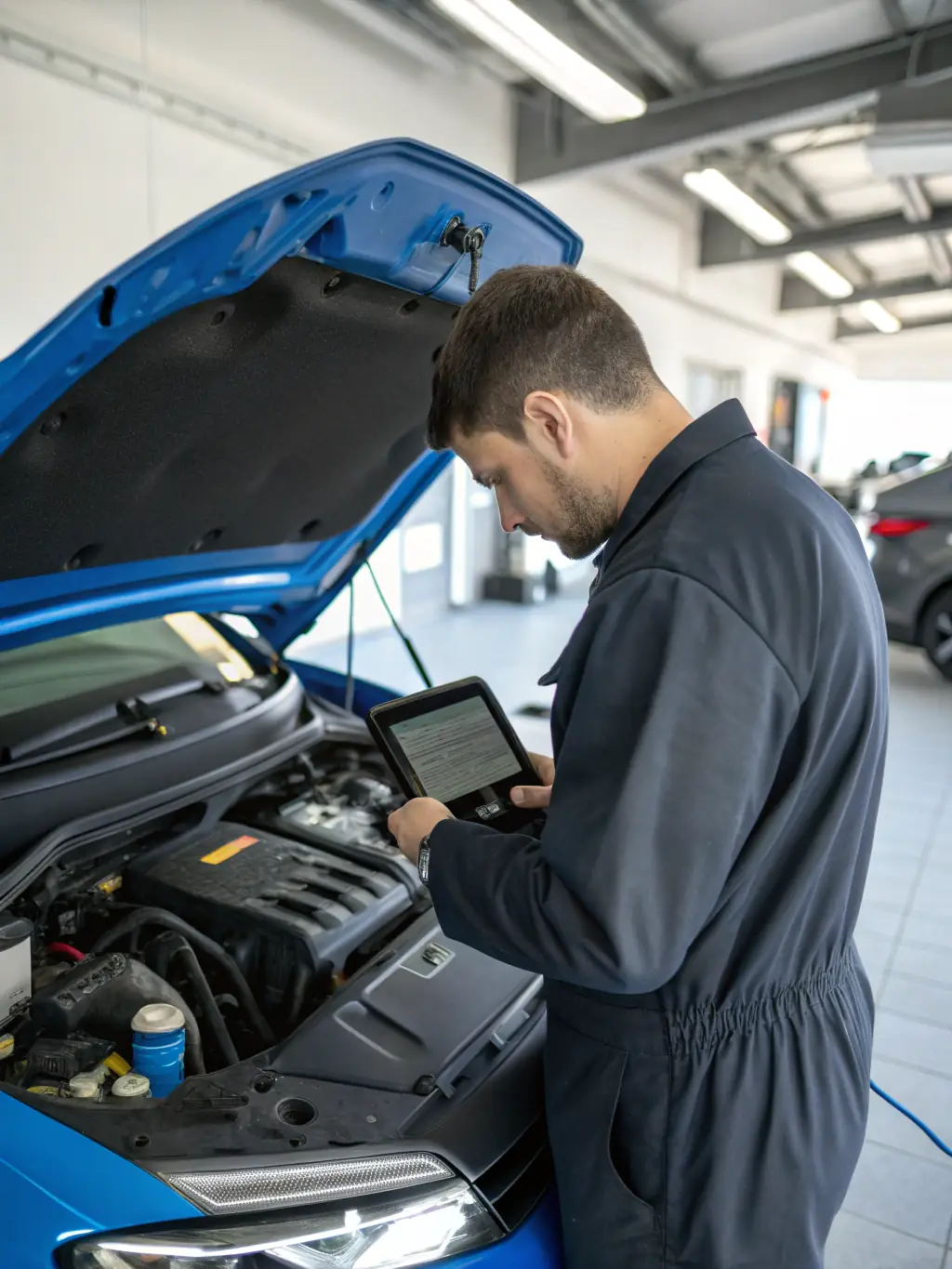 A mechanic performing homologation checks on a vehicle in a specialized facility, ensuring it meets local standards for Atlas Automotive Group.