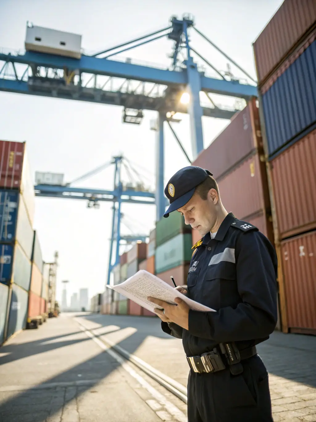 Customs officers inspecting vehicle documentation at a port, ensuring compliance with regulations for Atlas Automotive Group's customs clearance service.