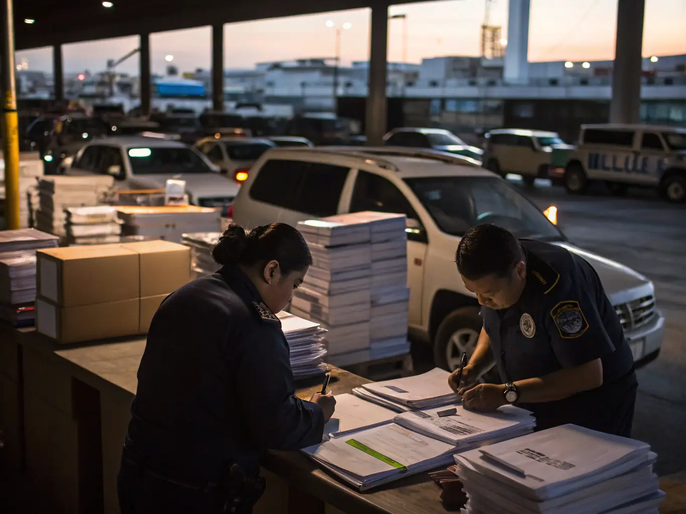 A photograph of vehicles undergoing customs inspection at a port, illustrating Atlas Automotive Group's customs clearance and homologation services.